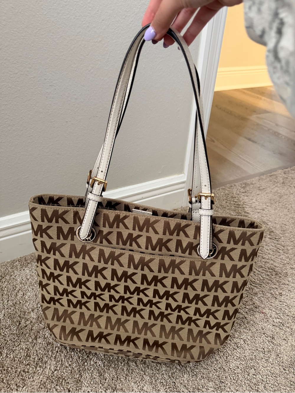 Michael Kors Brown Monogram Tote with White Handles - Picture 2 of 3